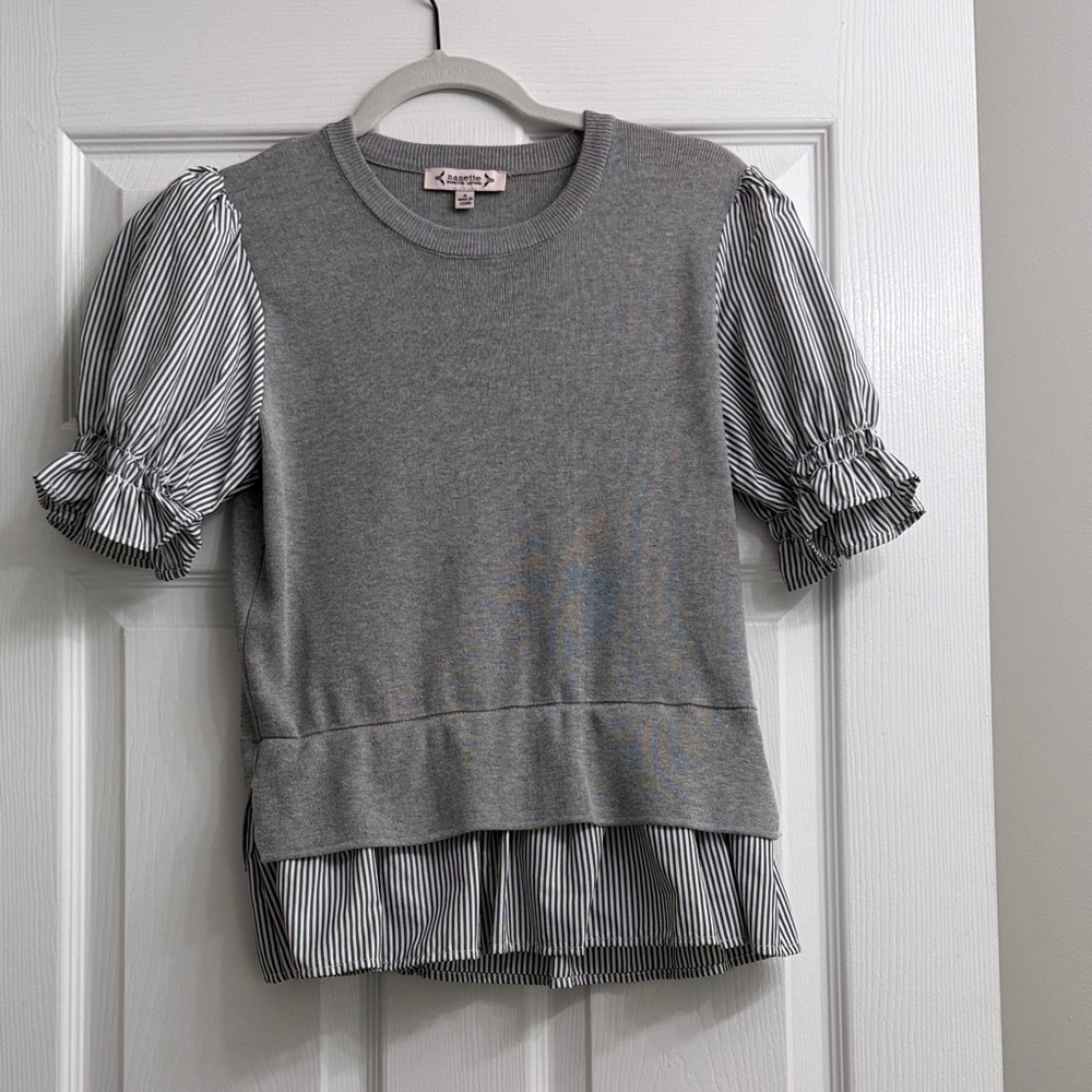 Women’s Layered Grey Knit Top with Striped Puff Sleeves